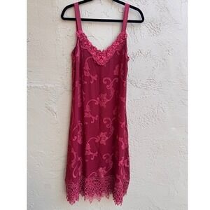 VTG Yvonne LaFleur RARE Red Slip Dress Velvet Lace Crochet Whimsigoth Victorian